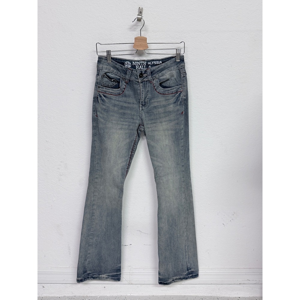 Ninth Hall Alyssia Flare Jeans Womens 8 Blue Red Tribal Flame Y2K Low Rise Denim